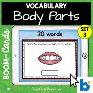 Le vocabulaire des parties du corps humain en anglais avec les boom cards: les élèves doivent écrire le mot correspondant à l'image