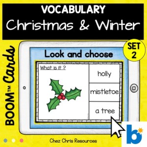 Le vocabulaire de Noël avec les boom cards: les élèves choisissent le bon mot parmi les 3 propositions