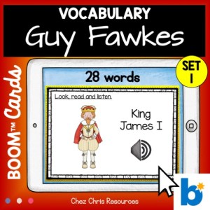 Vocabulaire de Guy Fawkes en anglais avec les boom cards - deck 1 - lien graphie phonie.