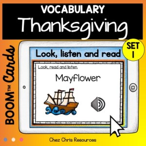 Apprendre le vocabulaire de Thanksgiving avec les boom cards : lien graphie phonie.